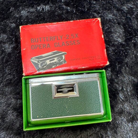 Butterfly 2.5X Opera Glasses Vintage Binoculars Chrome & Green By Compass - Picture 2 of 5